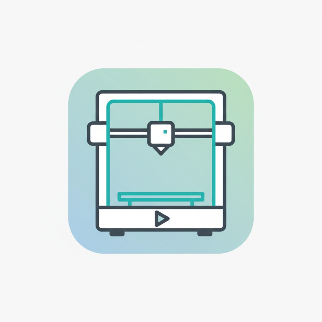 Een pictogram van een 3D-printer in een vierkant met afgeronde hoeken en een blauwgroene verloopkleur.